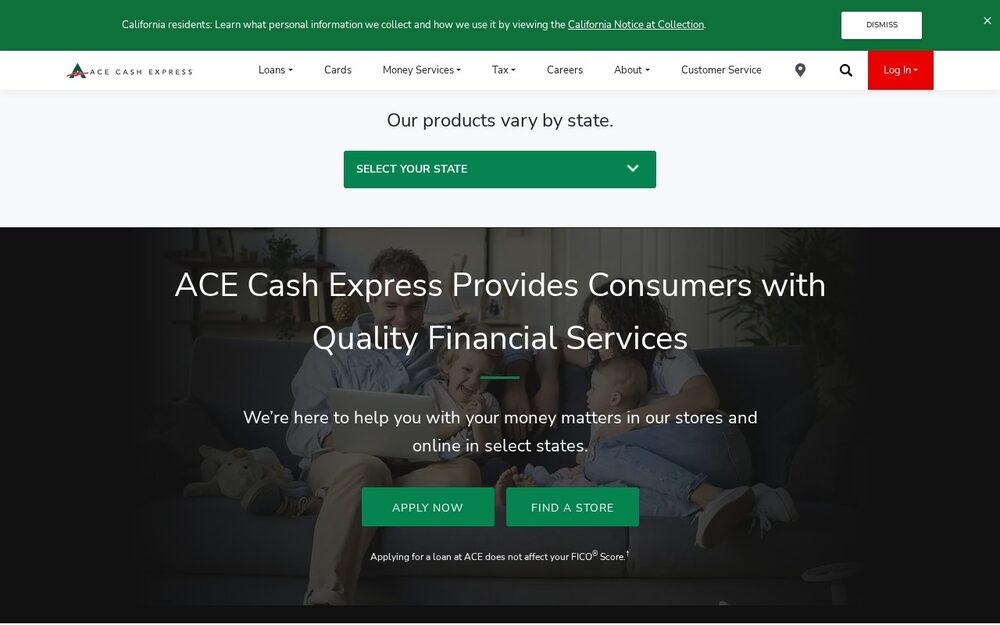 Screenshot of the ACE Cash Express website
