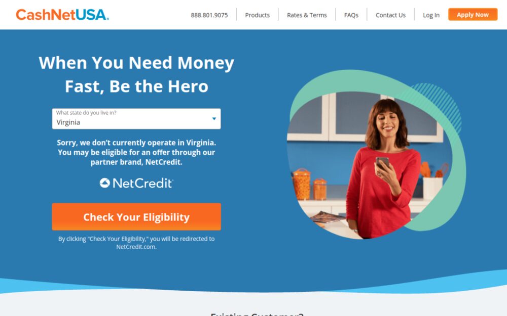 Screenshot of the CashNetUSA website